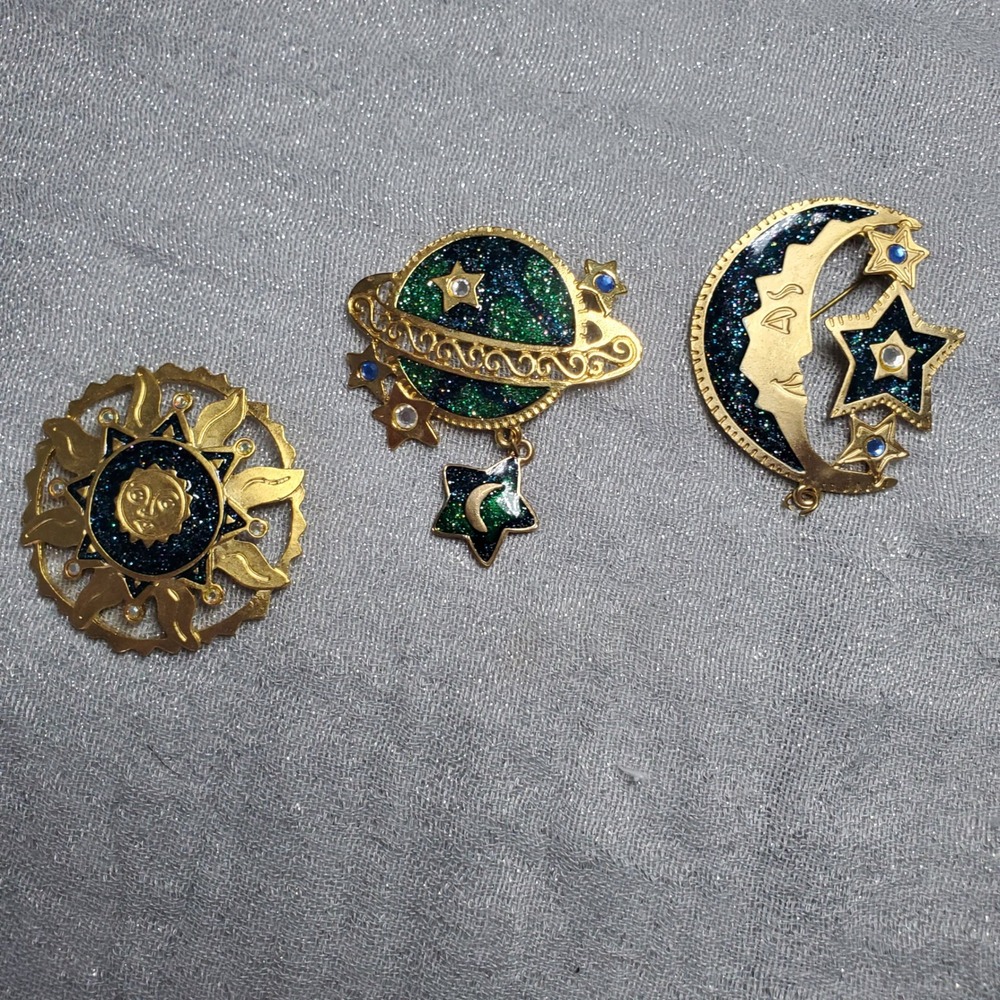 Vtg Newpro Celestial Brooch Full Set Gold Tone Sun‎ Moon Planet Glitter Enamel
